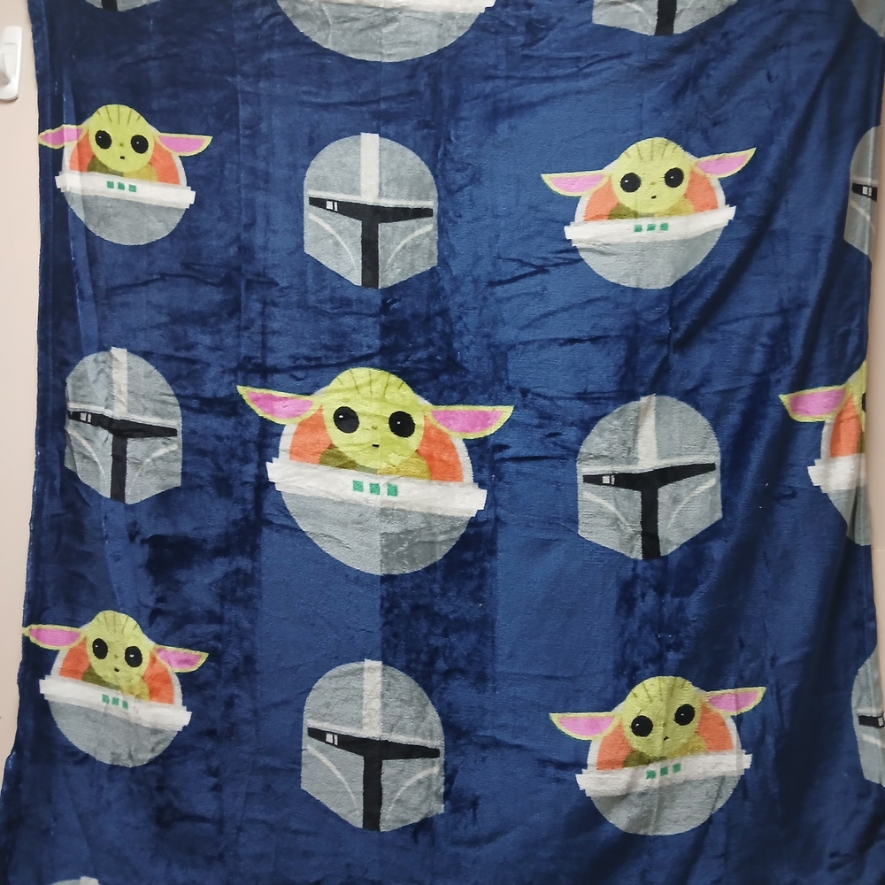 Blue Star Wars Blanket with Baby Yoda and Mandalorian Helmets
